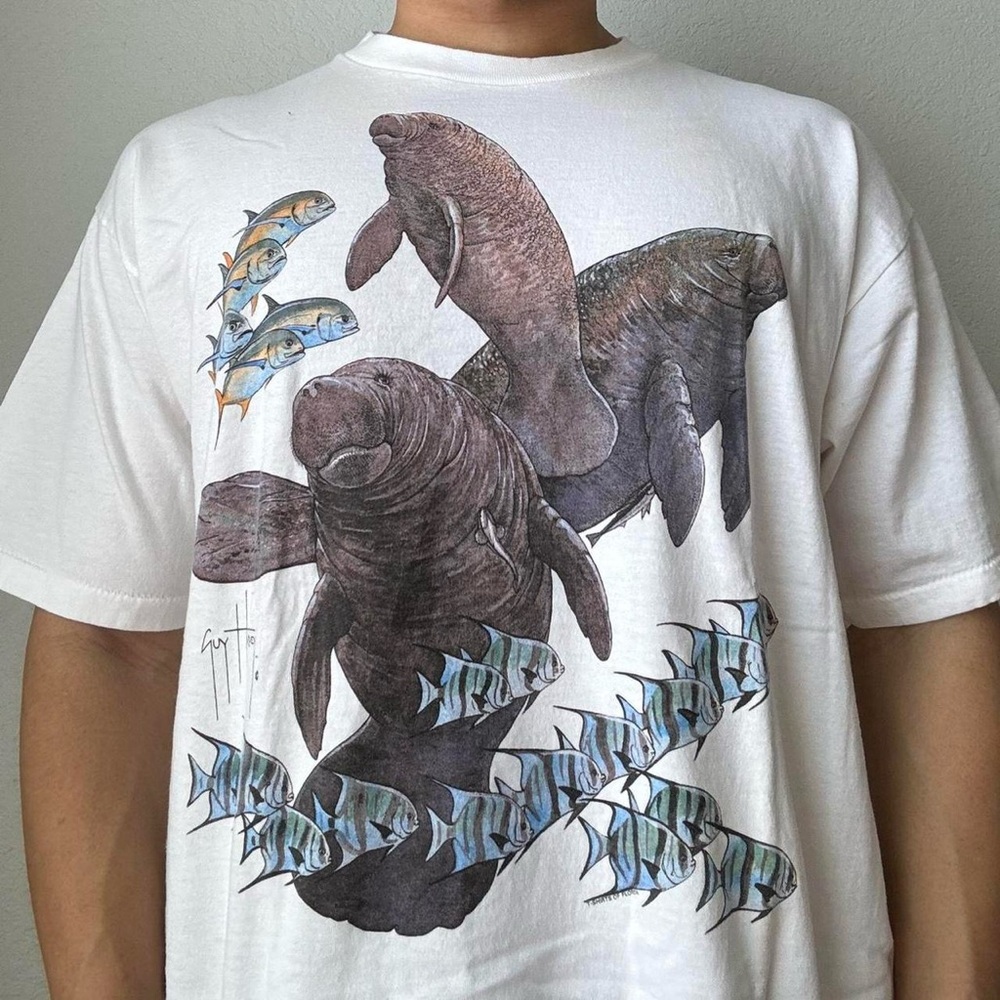 Vintage 1990s Ocean Life AOP Graphics White Single Stitched Tee Shirt
